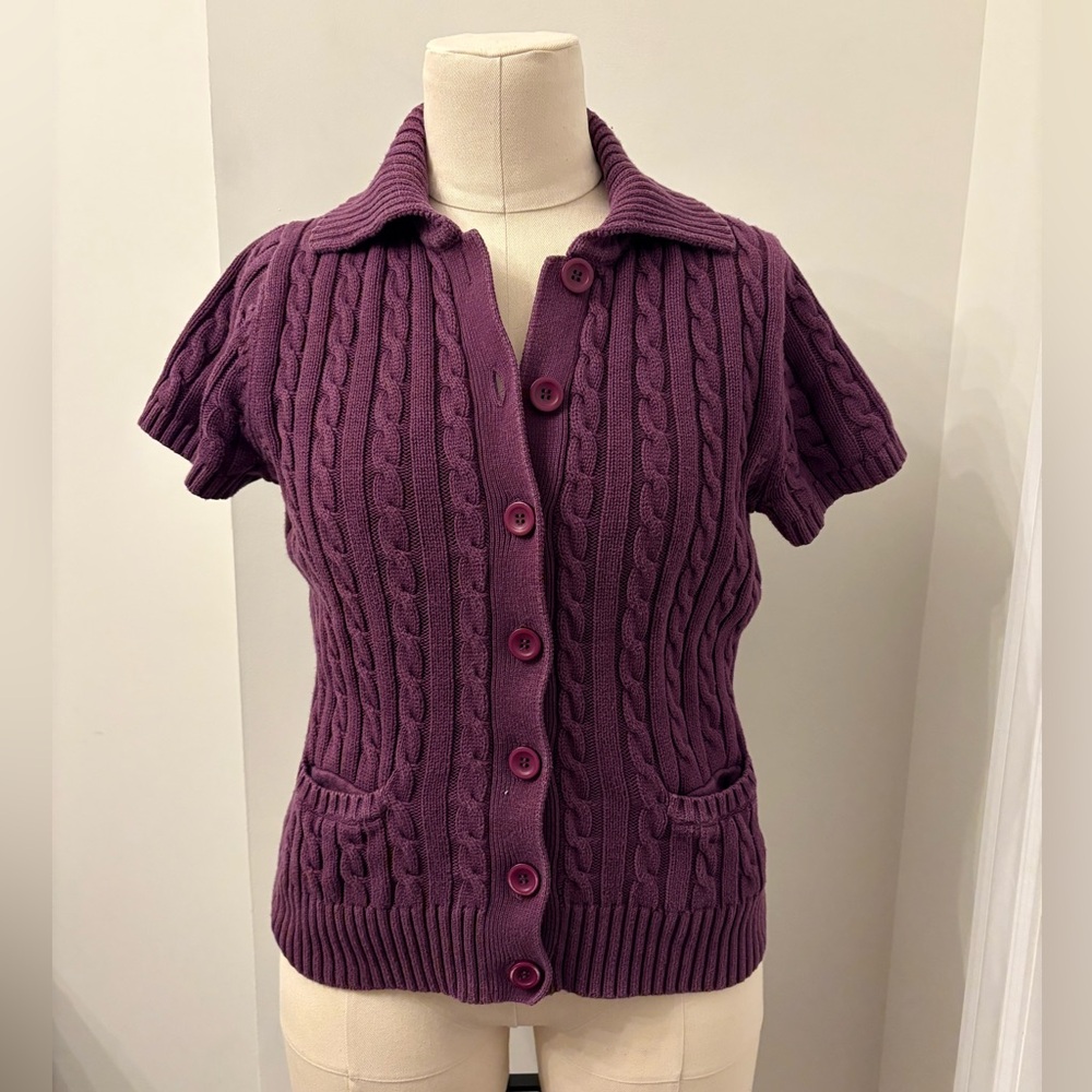 L.L Bean Purple Cable Knit Short Sleeve Cardigan